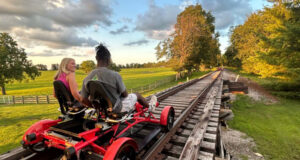 Two people on a rail cart powered by pedals.